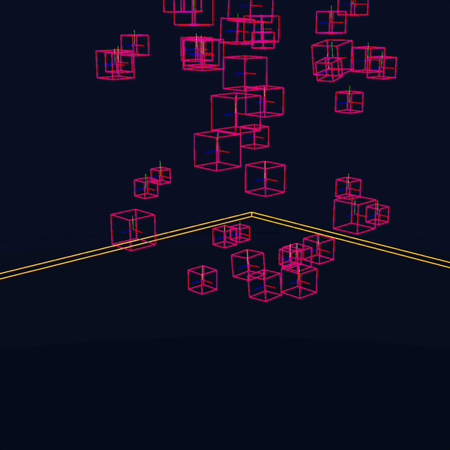 Hey Presto! The debug buffers include little axis for the rigid bodies too which is nice. The colour change represents active state, it dulls when sleeping. No control over the colours, but it doesn&rsquo;t matter to me.